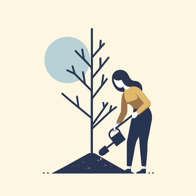 Illustration einer Frau, die einen Baum in einem einfachen flachen Designstil pflanzt
