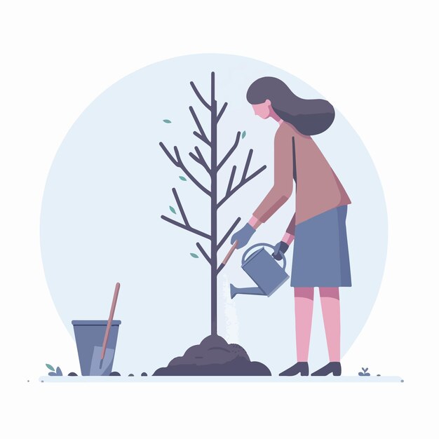 Illustration einer frau, die einen baum in einem einfachen flachen designstil pflanzt