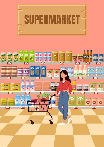 Illustration einer Frau, die in einem Supermarkt Grundnahrungsmittel kauft