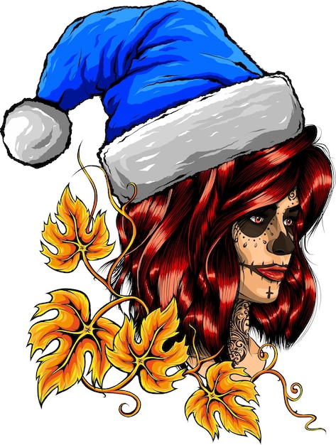 Vektor illustration einer frau im make-up-totenkopf mit weihnachtsmütze