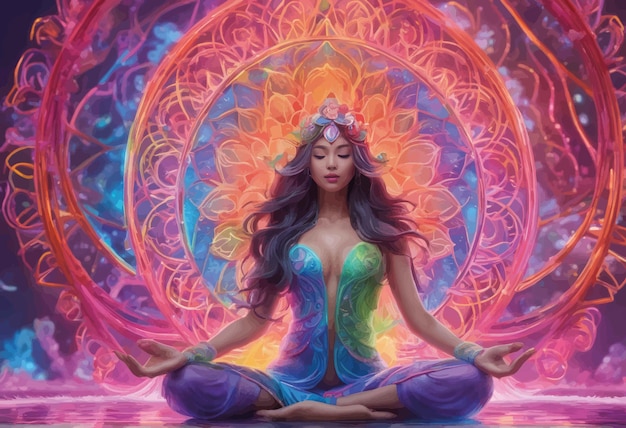 Illustration einer Frau in Lotuspose in einem Fantasiewald mit leuchtendem Hintergrund Illustration o