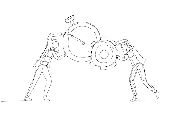 Illustration einer geschäftsfrau, die uhr mit zahnrad und zahnradkonzept des zeitmanagements und der produktion kombiniert einzeiliger kunststil