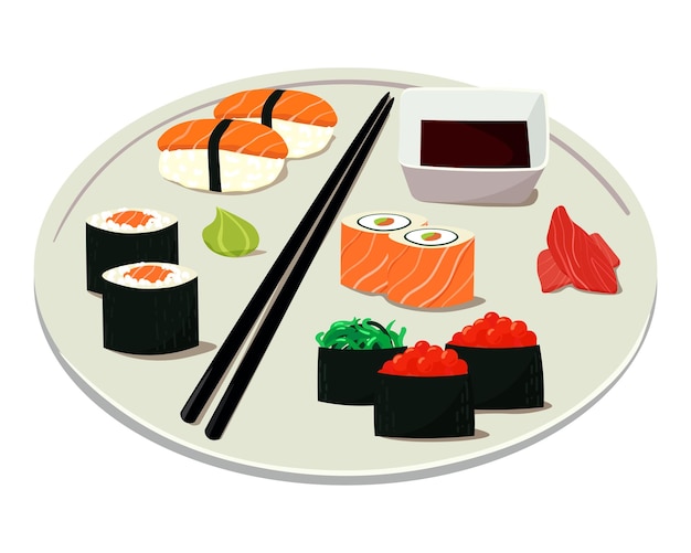 Illustration einer großen Platte mit traditionellem japanischem Essen. Japanisches Lachs-Sushi und Brötchen