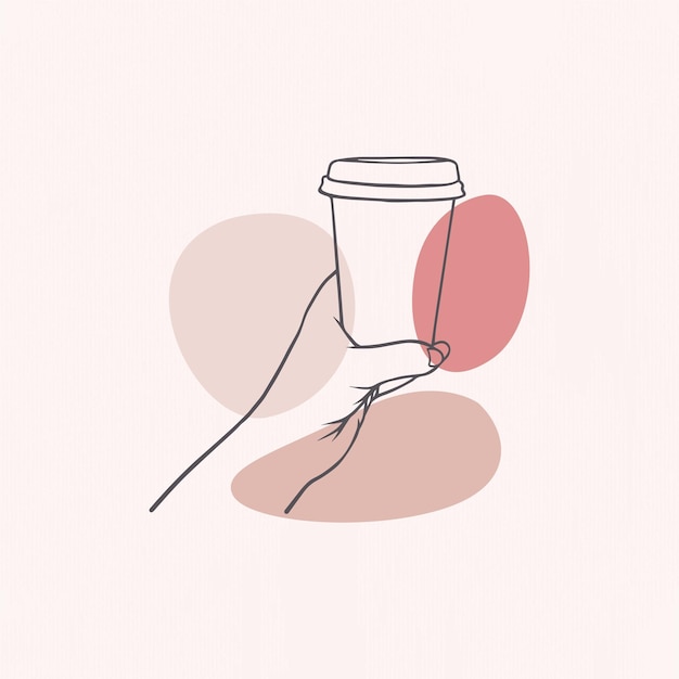 Illustration einer hand, die eine tasse kaffee im line-art-stil hält