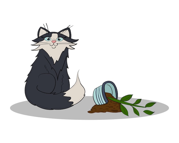 Illustration einer hauskatze mit einem kaputten blumentopf