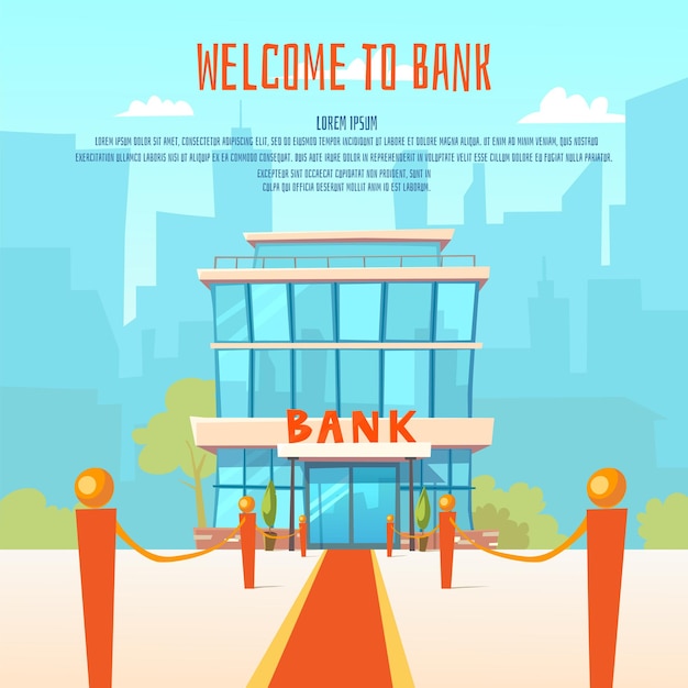 Illustration einer modernen bank und der gebäude der stadt