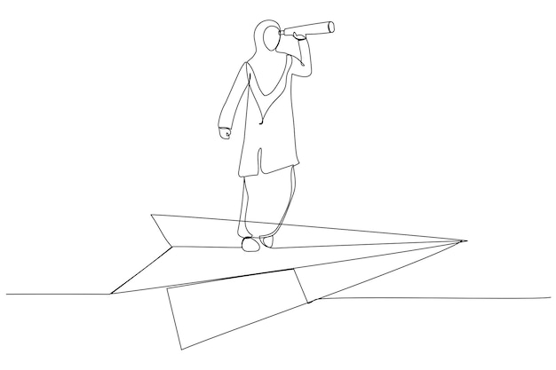 Illustration einer muslimischen geschäftsfrau, die auf einem papierflugzeug fliegt visionäre geschäftsidee und investitionsmöglichkeit illustration einzeiliger kunststil
