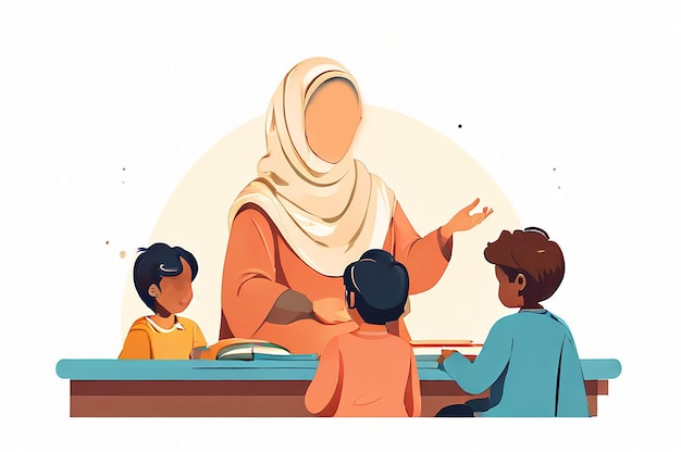 Vektor illustration einer muslimischen lehrerin, die eine gruppe von kindern unterrichtet. gesichtsloser vektor weißer hintergrund