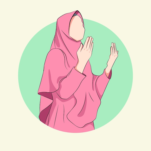 Illustration einer muslimischen Mädchenfigur, die betet, während sie ihre Hände hebt