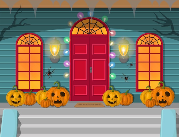 Vektor illustration einer nacht halloween tür und fenster. dekorationen für einen urlaub.