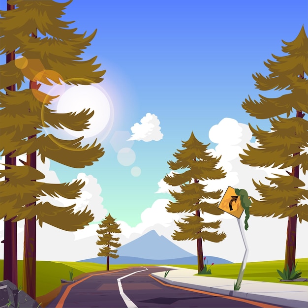 Illustration einer natürlichen Landschaft mit Straße und Bergen