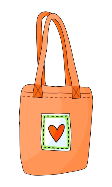 Vektor illustration einer orangefarbenen baumwoll-einkaufstüte mit herz-logo, schutzplanet, kein plastik, natur retten, keine verschwendung, umweltfreundliche materialien, ökologie, lebensstil, recycling, grüne lebensvorstellung