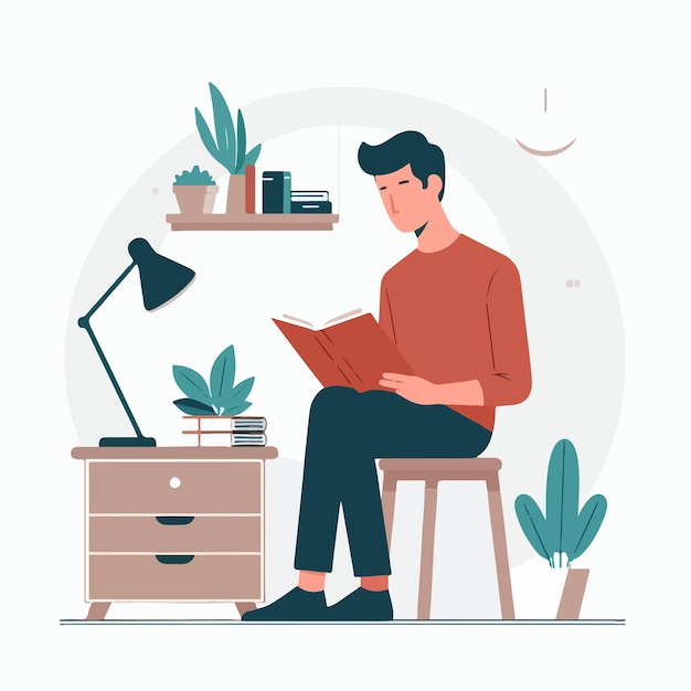 Illustration einer Person, die ein Buch liest, in einem einfachen flachen Designstil