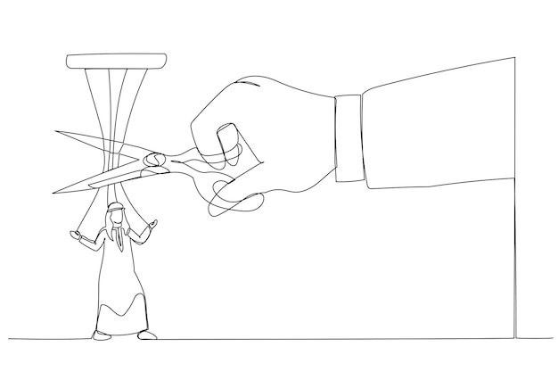 Illustration einer riesigen hand mit einer schere, die die fäden schneidet, die mit dem arabischen geschäftsmann verbunden sind metapher für die freiheit, unabhängige befreiung einzeiliger kunststil