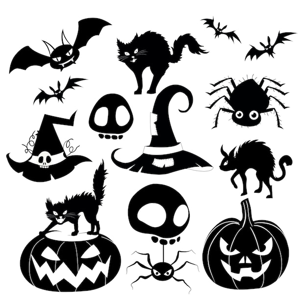Illustration einer Sammlung schwarzer Silhouetten im Zusammenhang mit Halloween
