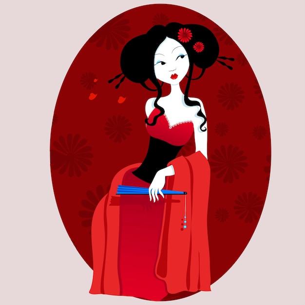 Illustration einer schönen geisha im roten kleid, sehr sanft und leidenschaftlich