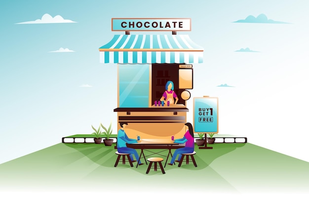 Illustration einer schokoladentaverne an einem sonnigen ort
