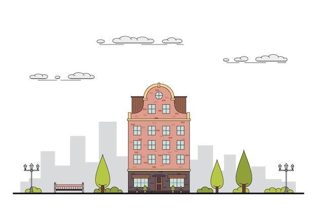 Illustration einer stadtlandschaft mit stadthaus, bäumen, straßenlaterne. bank und wolken.