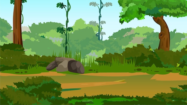 Illustration einer tiefen waldlandschaft im cartoon-stil.