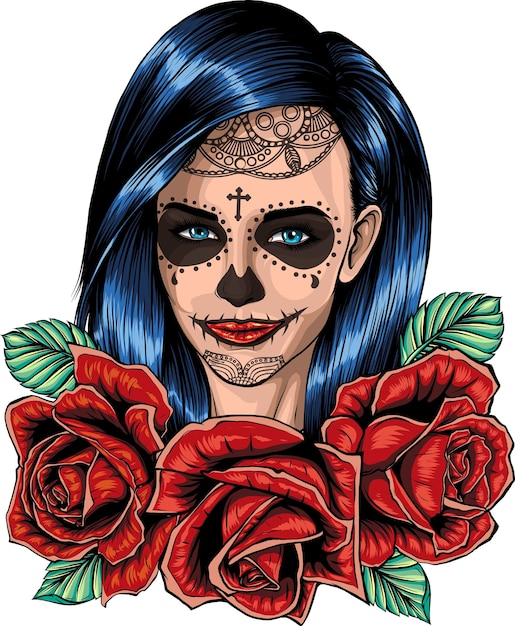 Illustration einer Totenkopffrau mit Rosen