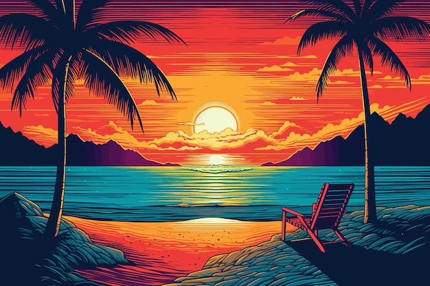Illustration einer tropischen strandtapete bei sonnenuntergang