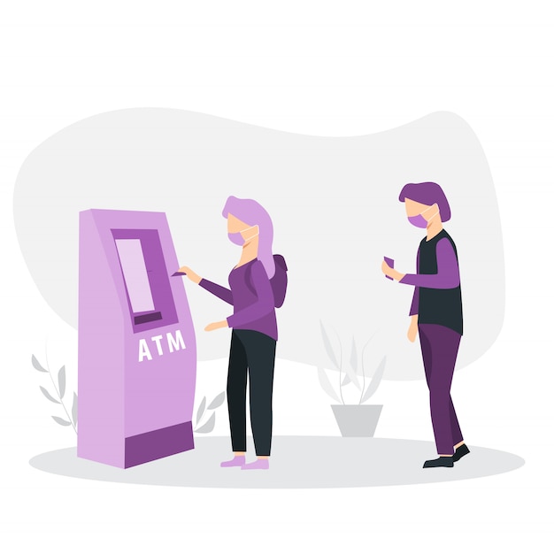Illustration einer warteschlange von personen zum geldautomaten