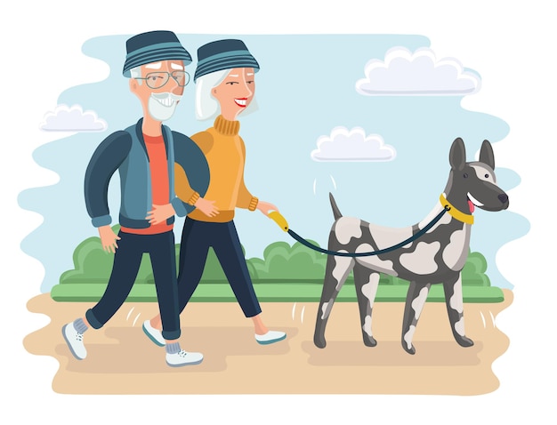 Illustration eines älteren paares, das mit großem hund geht. großmutter und großvater im park