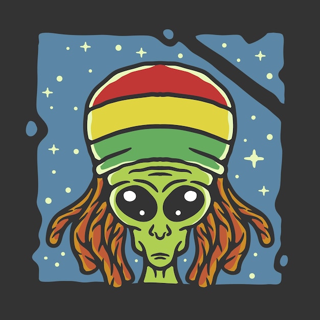 Illustration eines aliens mit reggae-attribut im vintage-stil auf schwarzem hintergrund