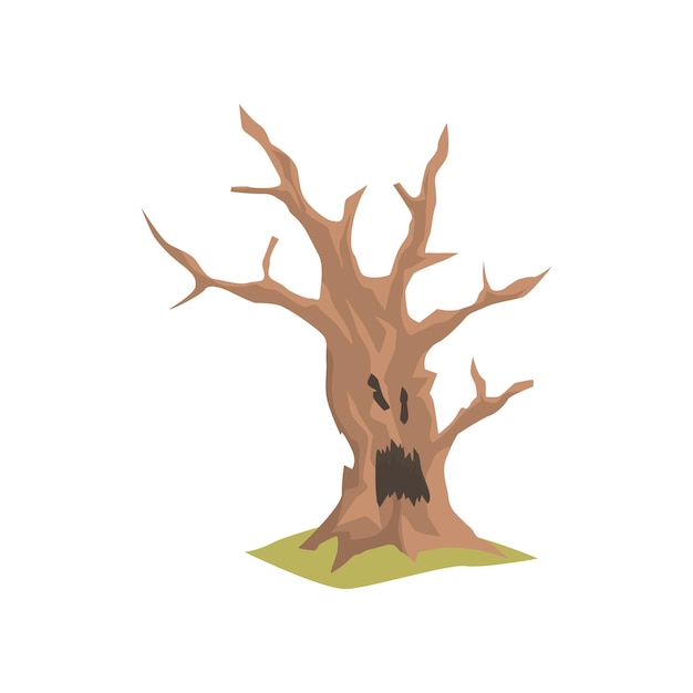 Illustration eines alten trockenen Baumes mit beängstigendem Gesicht Natürliches Element für eine Wald- oder Parklandschaft Grafisches Design für Kinder-Geschichtenbücher oder Mobilspiele Farbiges flaches Vektor-Symbol isoliert auf weißem Hintergrund