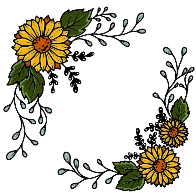 Vektor illustration eines blumenrahmens mit gelben sonnenblumen und grünen blättern