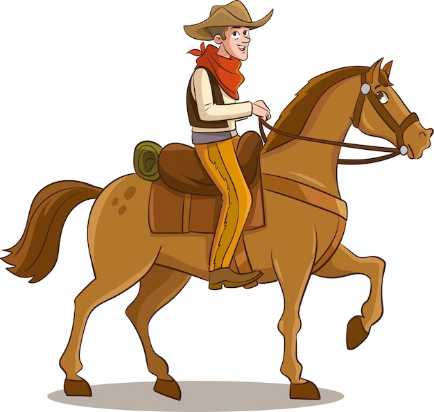 Illustration eines Cowboys, der auf einem Pferd im Cartoon-Stil reitet