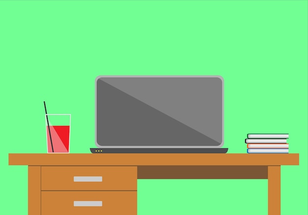 Illustration eines einfachen Büro-Schreibtisches mit einem Notizbuch, einem Glas Getränk und einigen Büchern