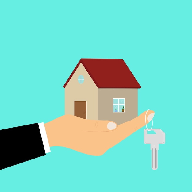Illustration eines einfachen Hauses und einer Hand auf weißem Hintergrund Vektorillustration