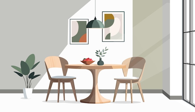 Illustration eines Esszimmers Ein einfacher runder Tisch aus Holz mit zwei Stühlen Neutrale Töne