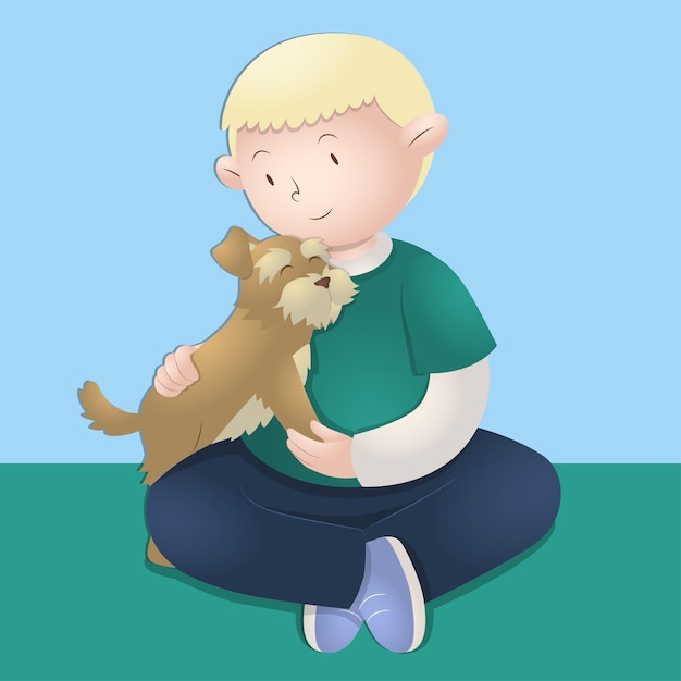 Illustration eines fröhlichen Jungen, der neben seinem Hund posiert