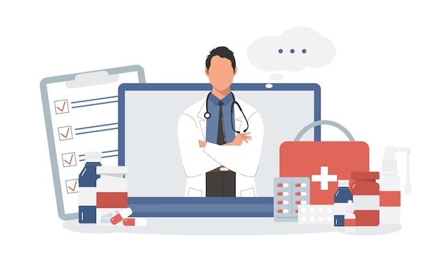 Vektor illustration eines gesichtslosen arztes mit einem laptop und medikamenten in einem flachen stil online-medizin gesundheit