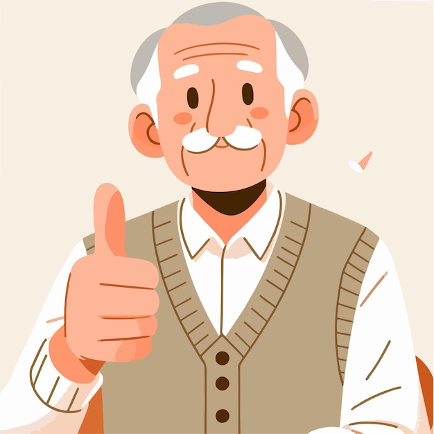 Illustration eines großvaters, der in einem flachen design-stil einen daumen hochgibt