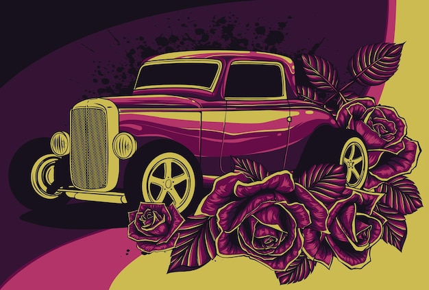 Illustration eines hot-rod-autos mit rosen