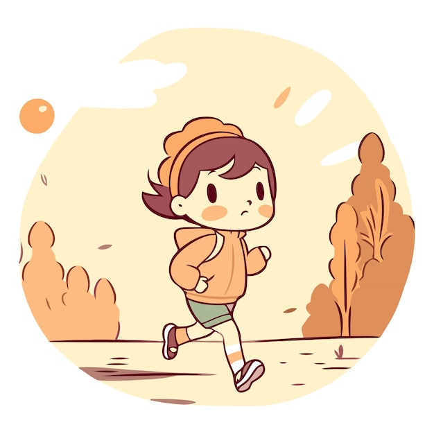Vektor illustration eines kleinen jungen, der im herbstpark joggt