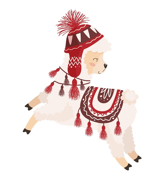 Illustration eines Lamas auf weißem Hintergrund. Niedliche Kinderfigur in einem Kostüm. Tierdruck für Kinderartikel, Spielzeug, Kleidung