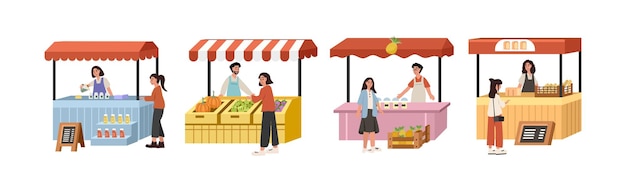 Illustration eines lebendigen Bauernmarktes mit verschiedenen Lebensmittelständen und Kunden