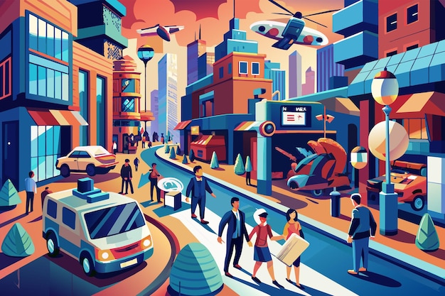 Vektor illustration eines lebendigen stadtlandschafts mit futuristischen elementen mit menschen, die ein autonomes auto und ein fliegendes fahrzeug über sich laufen, alles gegen moderne gebäude und einen klaren blauen himmel