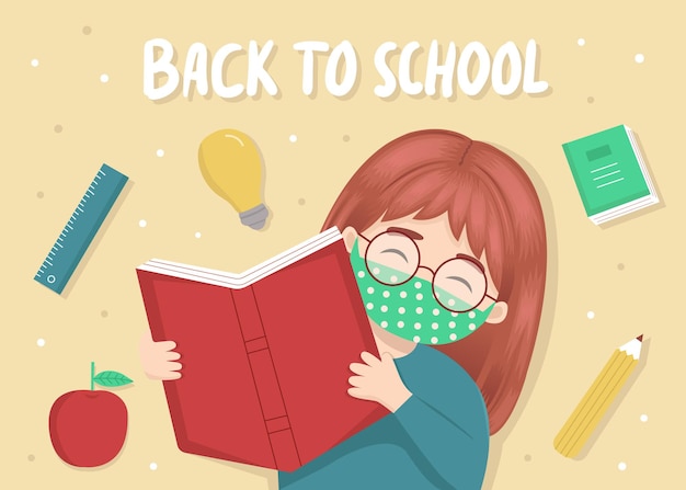 Illustration eines Mädchens, das ein Buch zurück zur Schule hält