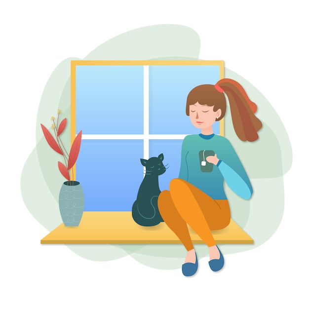 Vektor illustration eines mädchens, das tee trinkt und zu hause bei einer katze am fenster bleibt