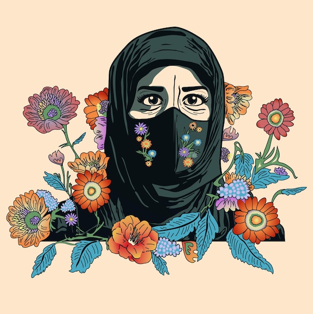 Illustration eines Mädchens in einem schwarzen Hijab mit verschiedenen Arten von Blumen, die Liebe und Frieden darstellen