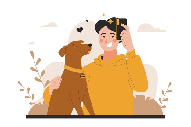 Illustration eines Mannes, der mit seinem Hund posiert