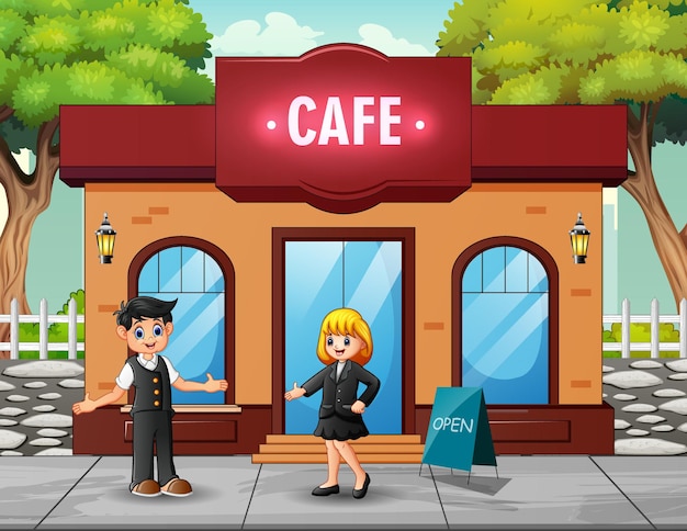 Illustration eines mannes und einer frau, die vor dem café stehen