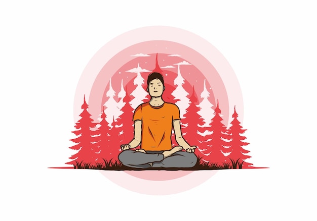 Vektor illustration eines menschen, der yoga macht und im freien in einem wald in der natur zwischen pinien meditiert