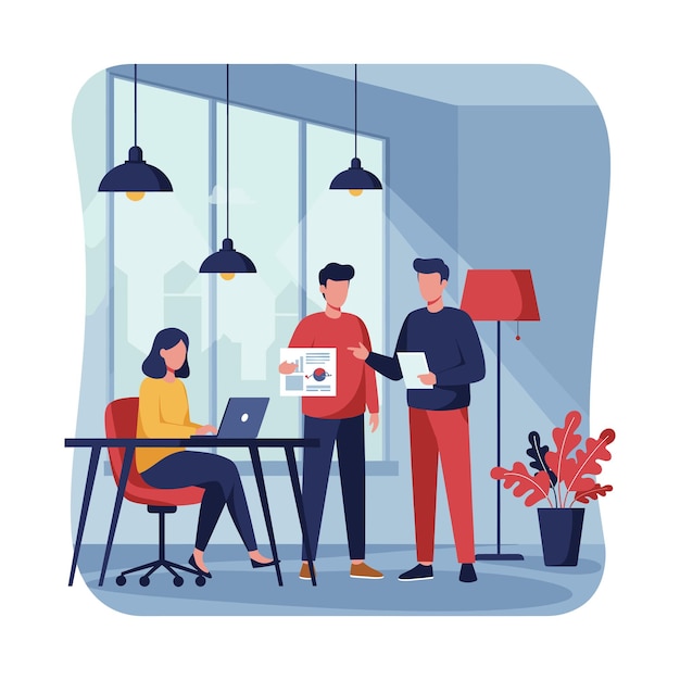 Illustration eines modernen Büroarbeitsraums mit einer Geschäftsdiskussion zwischen Fachleuten