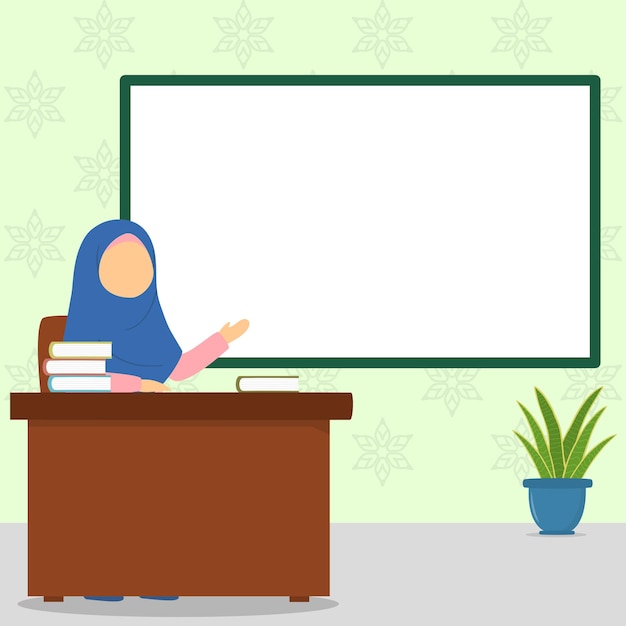 Illustration eines muslimischen lehrers, der hijab mit tafelhintergrund trägt